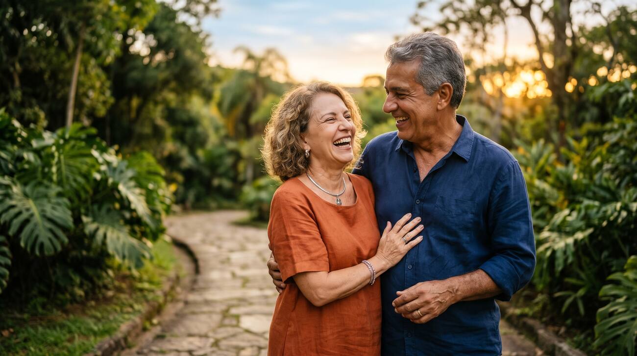 Casal maduro sorrindo ao ar livre