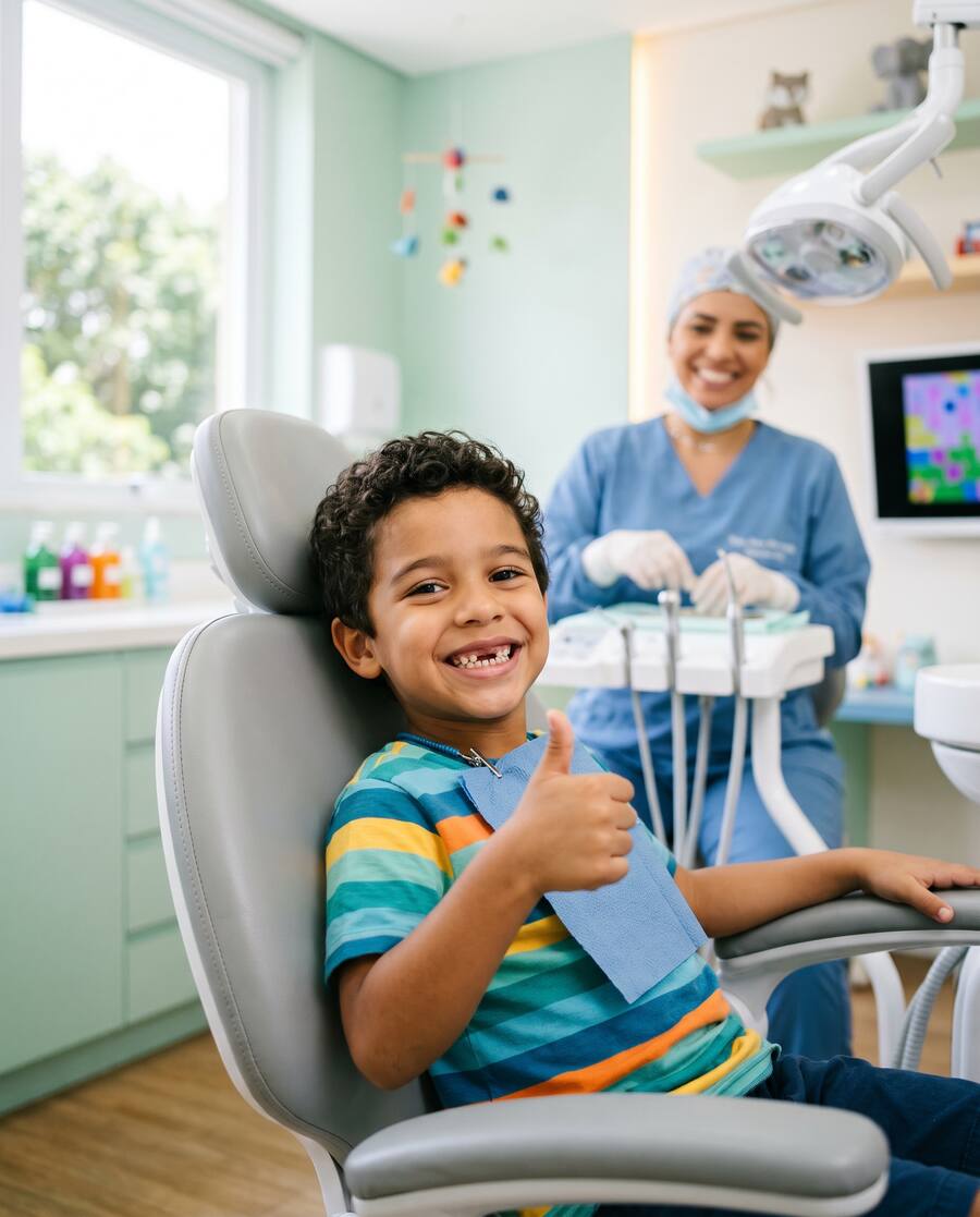 Criança sorrindo na cadeira do dentista com polegar para cima
